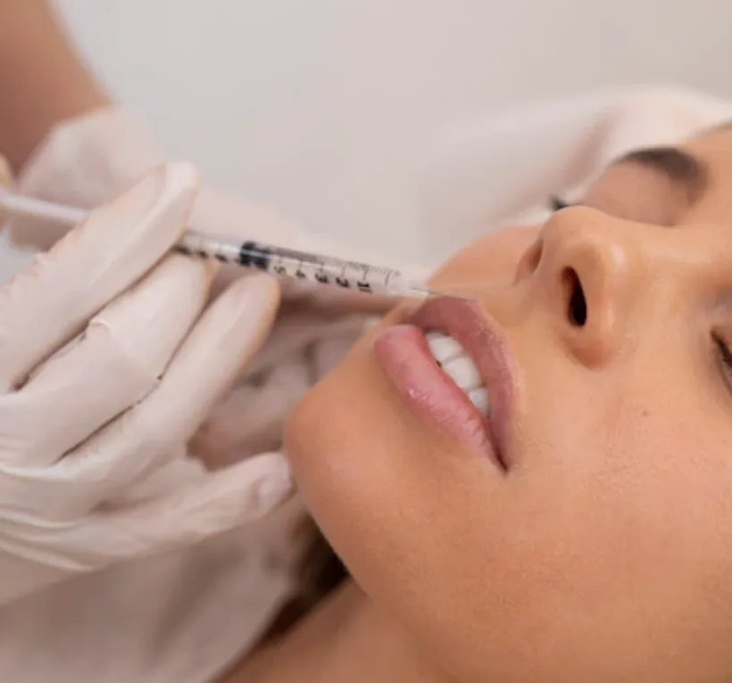 Iniezione di filler sul contorno labbra durante una seduta ambulatoriale